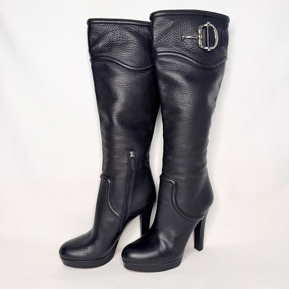 GUCCI BLACK CAVIAR LEATHER TECHNO HORSEBIT HEEL PLATFORM BOOTS SZ 40 - Picture 1 of 12
